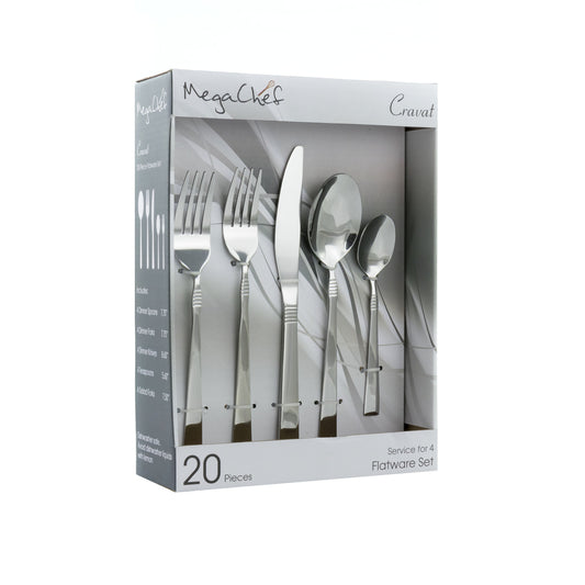 MegaChef Cravat 20 Piece Flatware Utensil Set, Stainless Steel Silverware Metal Service for 4 in Silver W2B