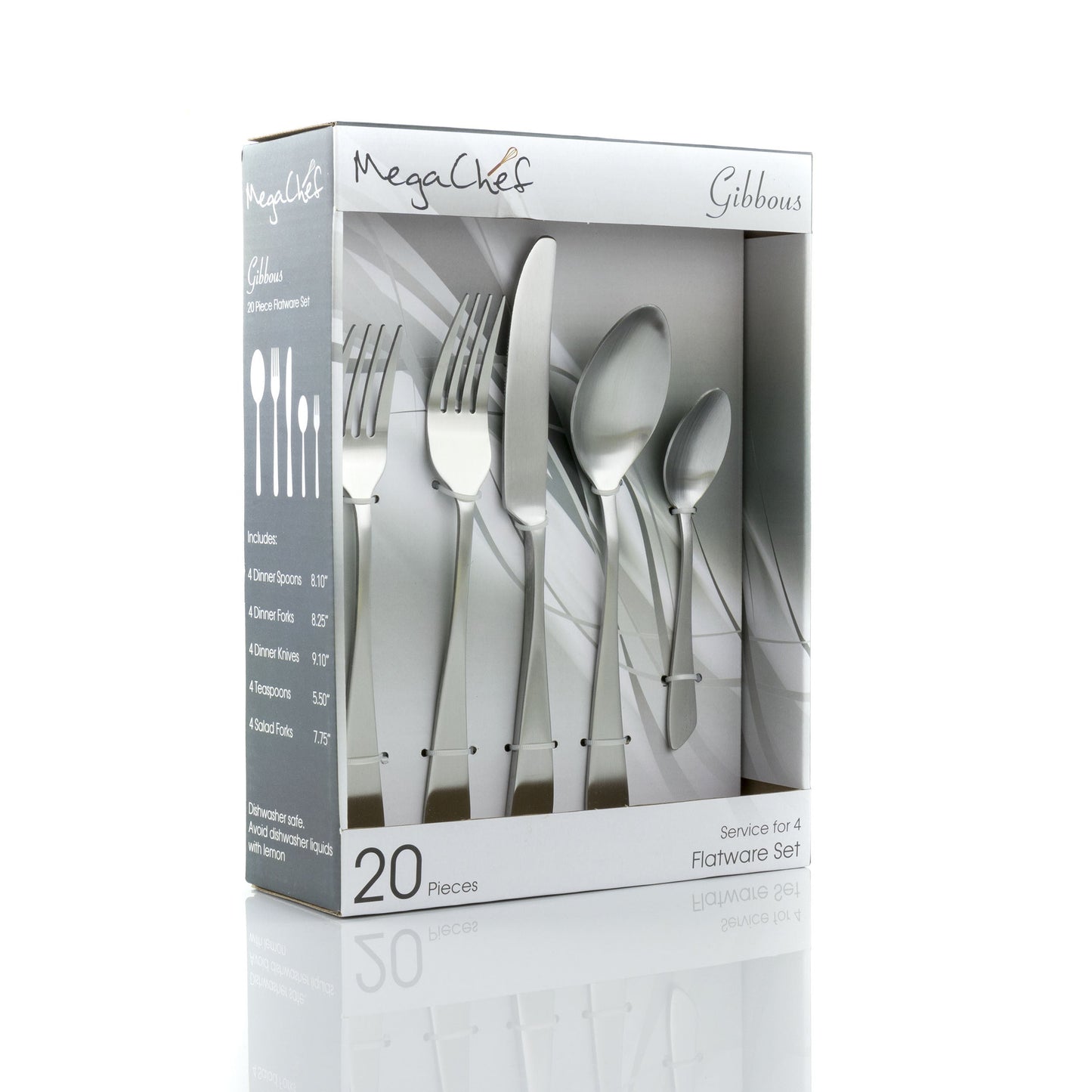 MegaChef Gibbous 20 Piece Flatware Utensil Set, Stainless Steel Silverware Metal Service for 4 in Matte Silver W2B