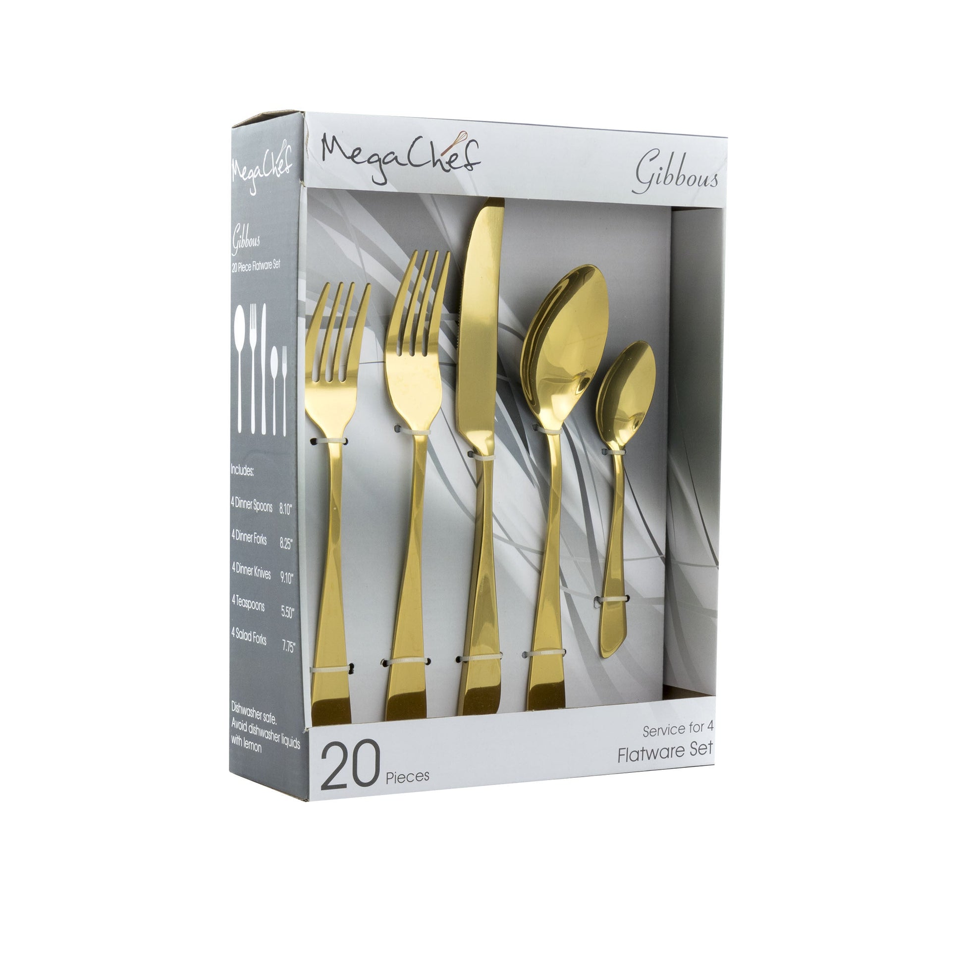 MegaChef Gibbous 20 Piece Flatware Utensil Set, Stainless Steel Silverware Metal Service for 4 in Gold W2B