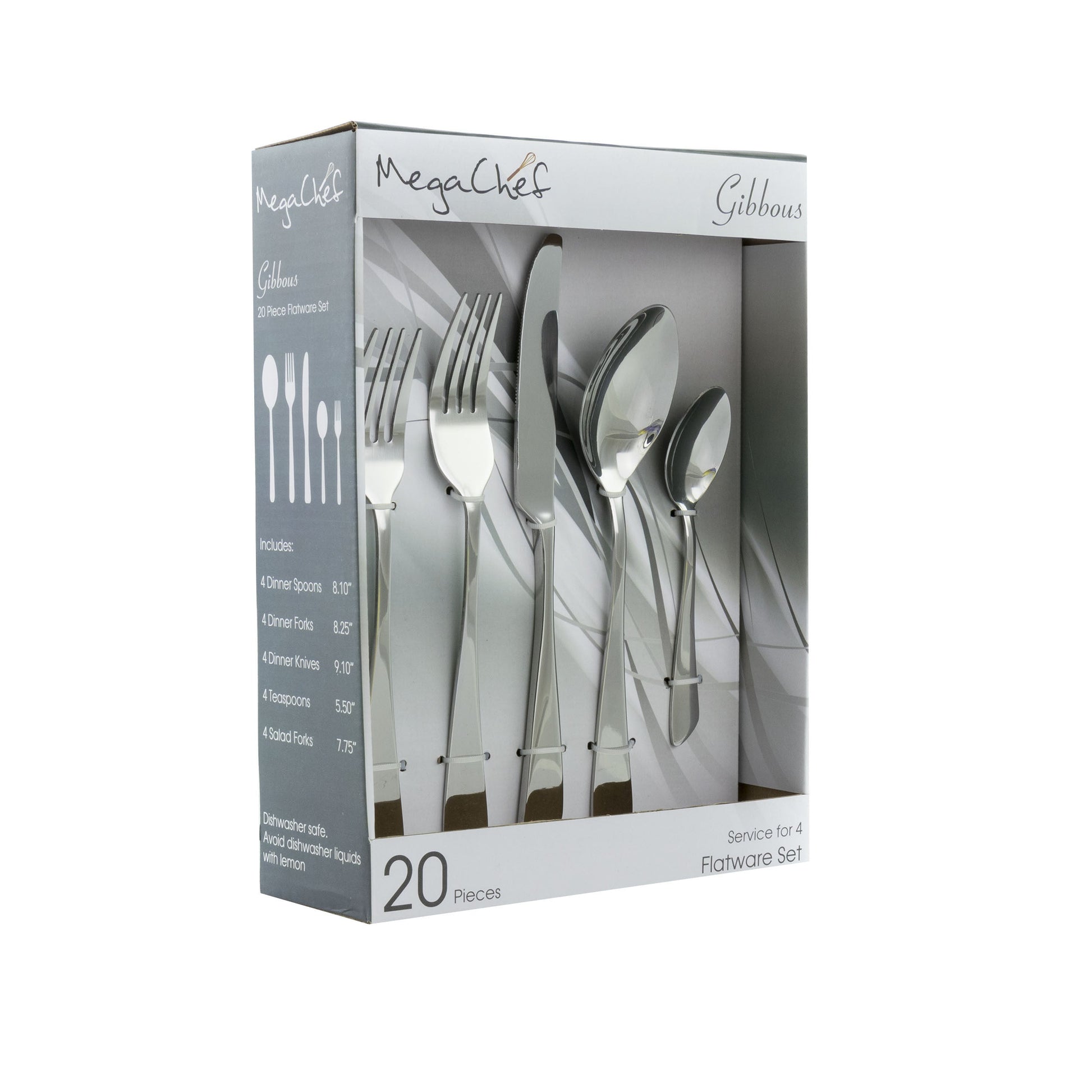 MegaChef Gibbous 20 Piece Flatware Utensil Set, Stainless Steel Silverware Metal Service for 4 in Silver W2B