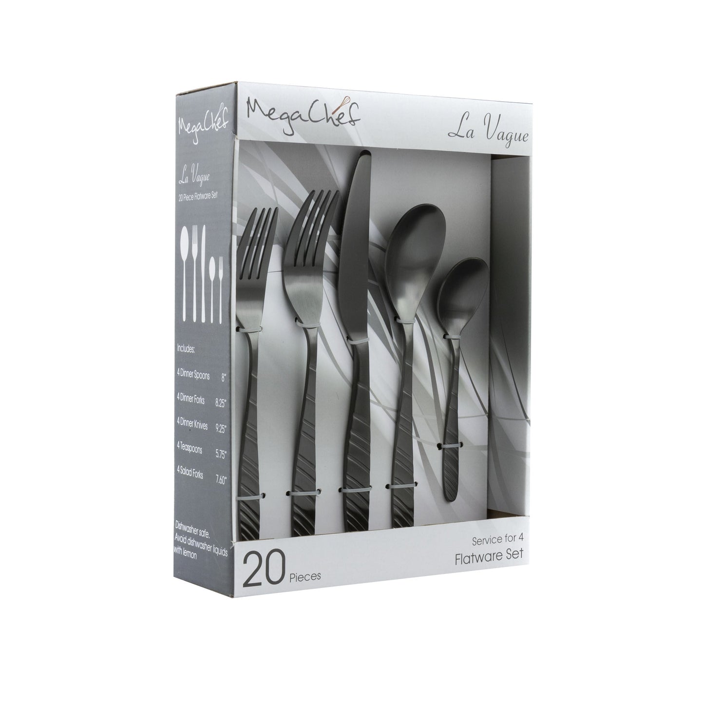MegaChef La Vague 20 Piece Flatware Utensil Set, Stainless Steel Silverware Metal Service for 4 in Matte Black W2B