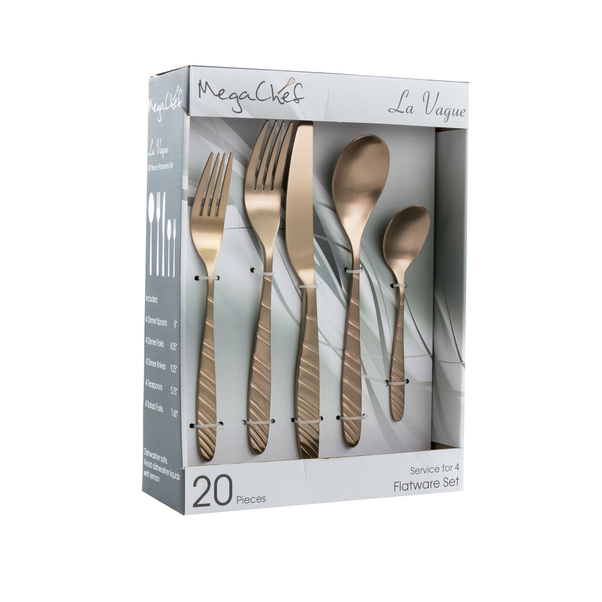 MegaChef La Vague 20 Piece Flatware Utensil Set, Stainless Steel Silverware Metal Service for 4 in Matte Rose Gold W2B