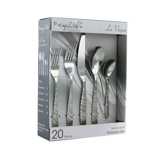 MegaChef La Vague 20 Piece Flatware Utensil Set, Stainless Steel Silverware Metal Service for 4 in Silver W2B