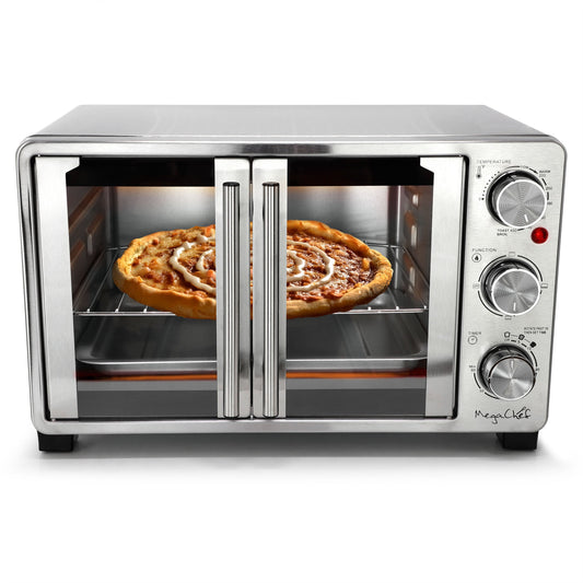 MegaChef 26.4 Quart French Door Multi-Function Stainless Steel Electric Toaster Oven with Temperature Control and Timer W2B