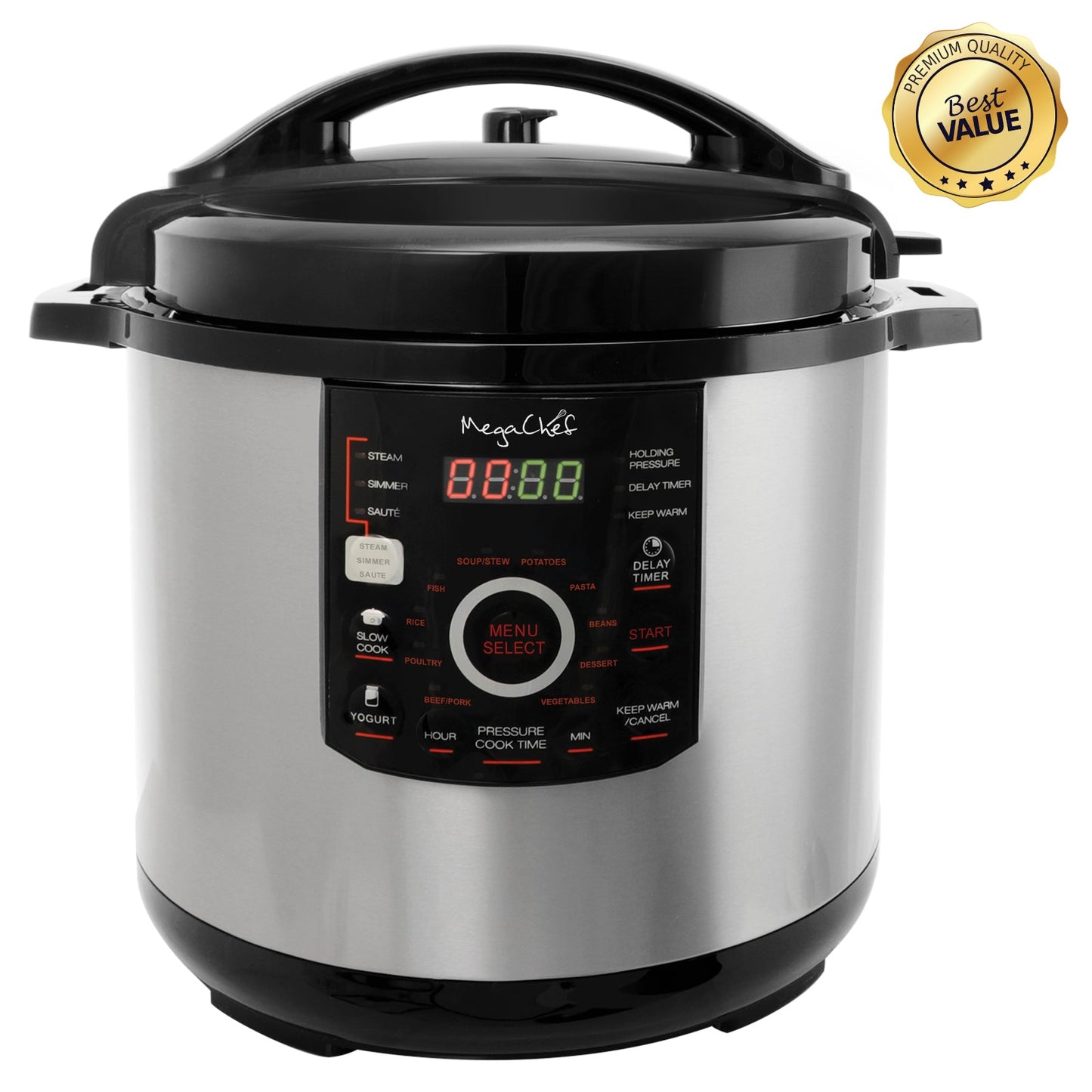 Megachef 12 Quart Steel Digital Pressure Cooker with 15 Presets and Glass Lid W2B