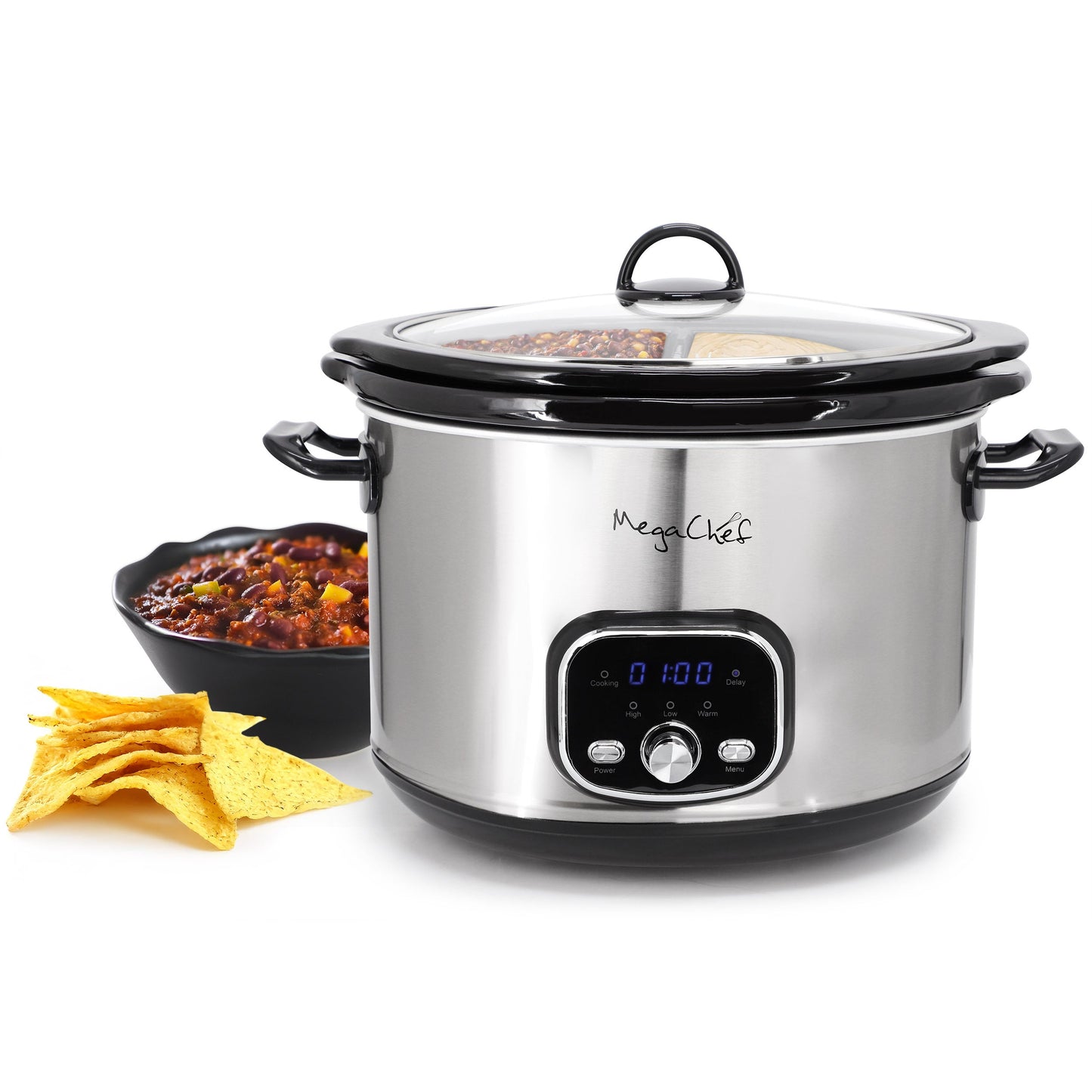 MegaChef 6 Quart + 2.6 Quart Split Stainless Steel Electric Slow Cooker in SIlver W2B