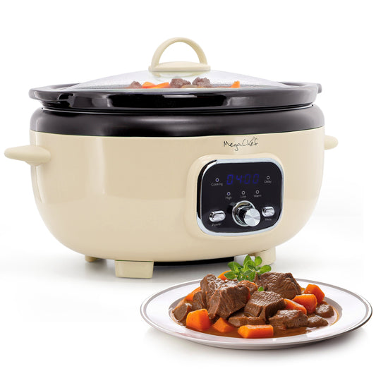 MegaChef 3.7 Quart Oval Electric Digital Slow Cooker in Cream with Black Pot W2B
