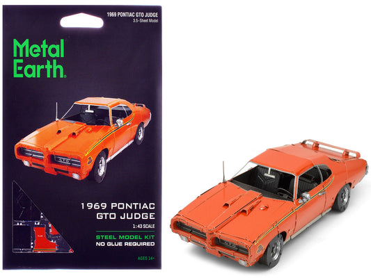 Model Kit 1969 Pontiac GTO Judge Orange with Black Stripes (Moderate Difficulty) Steel Model by Metal Earth-0