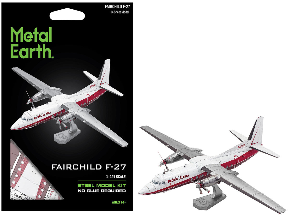Model Kit Fairchild F-27 Commercial Aircraft "Pacific Alaska" White with Red Stripes (Moderate Difficulty) Steel Model by Metal Earth-0