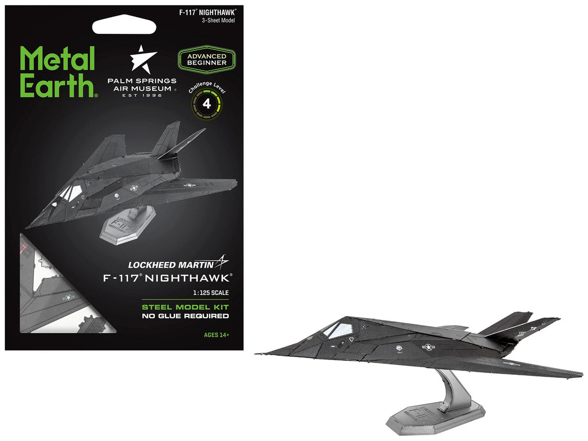 Model Kit Lockheed Martin F-117 Nighthawk Stealth Aircraft "Palm Springs Air Museum" Black (Moderate Difficulty) Steel Model by Metal Earth Metal Earth