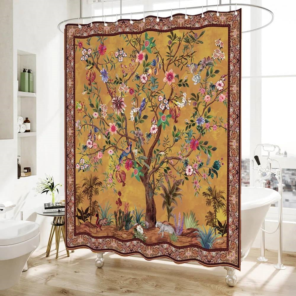 72-inch Brown Red Orange Green Floral Tree Birds Plants Flowers Shower Curtain FastFurnishings