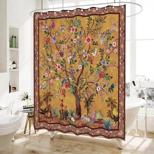 72-inch Brown Red Orange Green Floral Tree Birds Plants Flowers Shower Curtain FastFurnishings