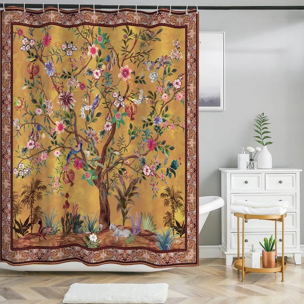 72-inch Brown Red Orange Green Floral Tree Birds Plants Flowers Shower Curtain FastFurnishings