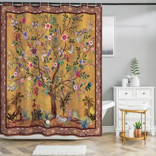 72-inch Brown Red Orange Green Floral Tree Birds Plants Flowers Shower Curtain FastFurnishings