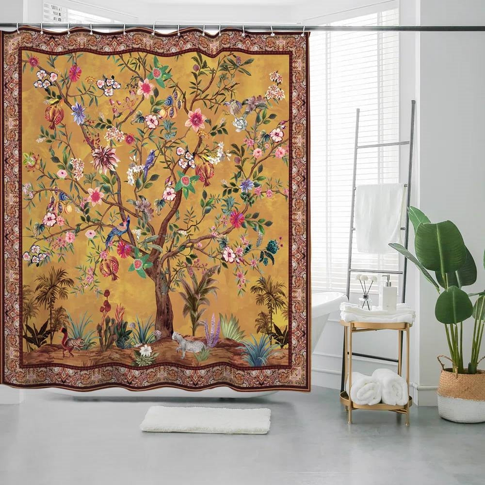 72-inch Brown Red Orange Green Floral Tree Birds Plants Flowers Shower Curtain FastFurnishings
