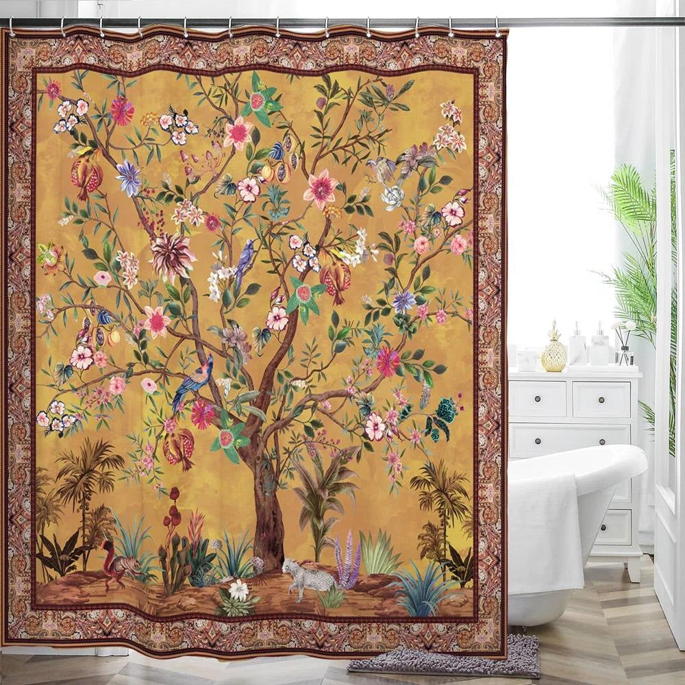 72-inch Brown Red Orange Green Floral Tree Birds Plants Flowers Shower Curtain FastFurnishings