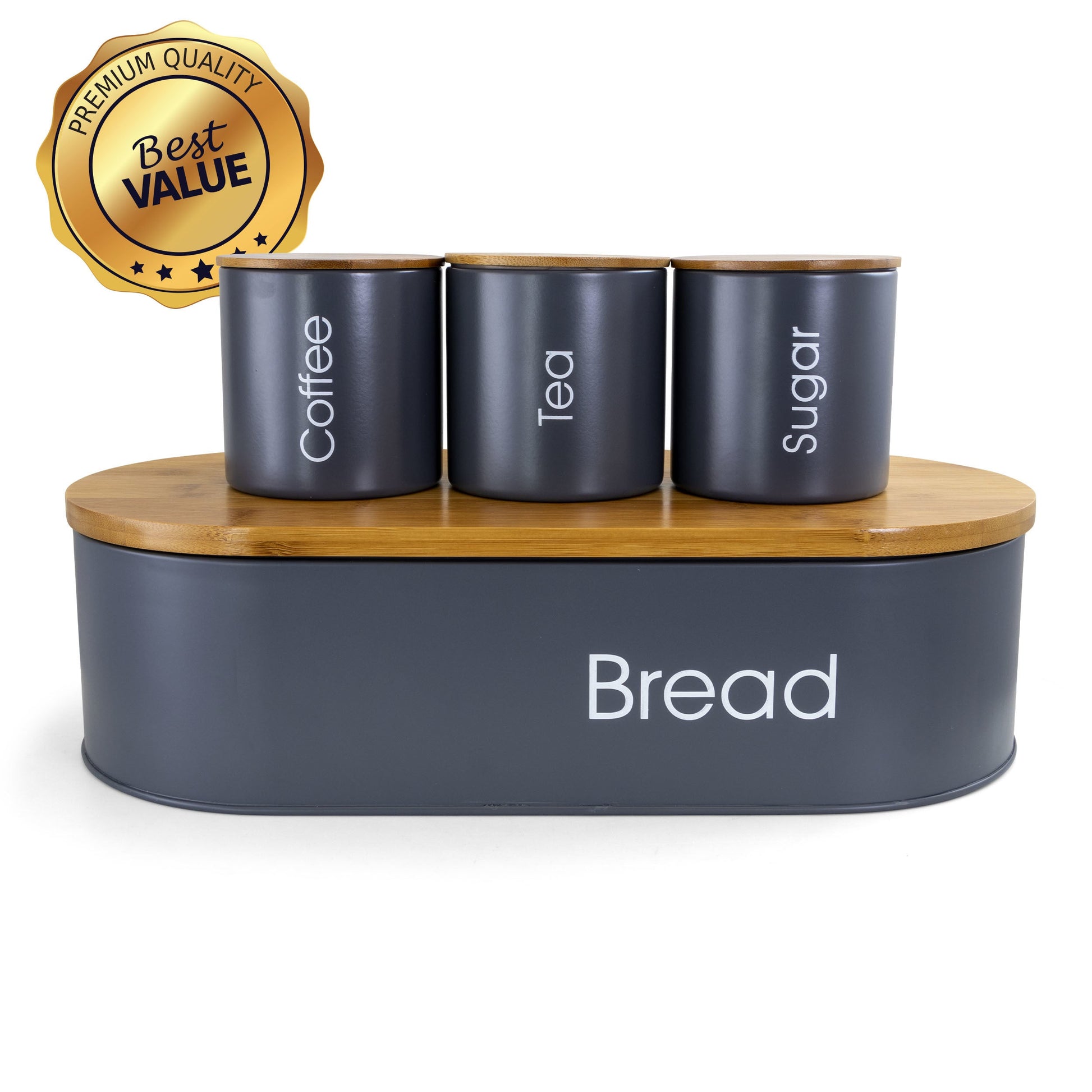 MegaChef Bamboo Kitchen Countertop 4 Piece Metal Bread Basket and Canister Set in Gray with Lids W2B