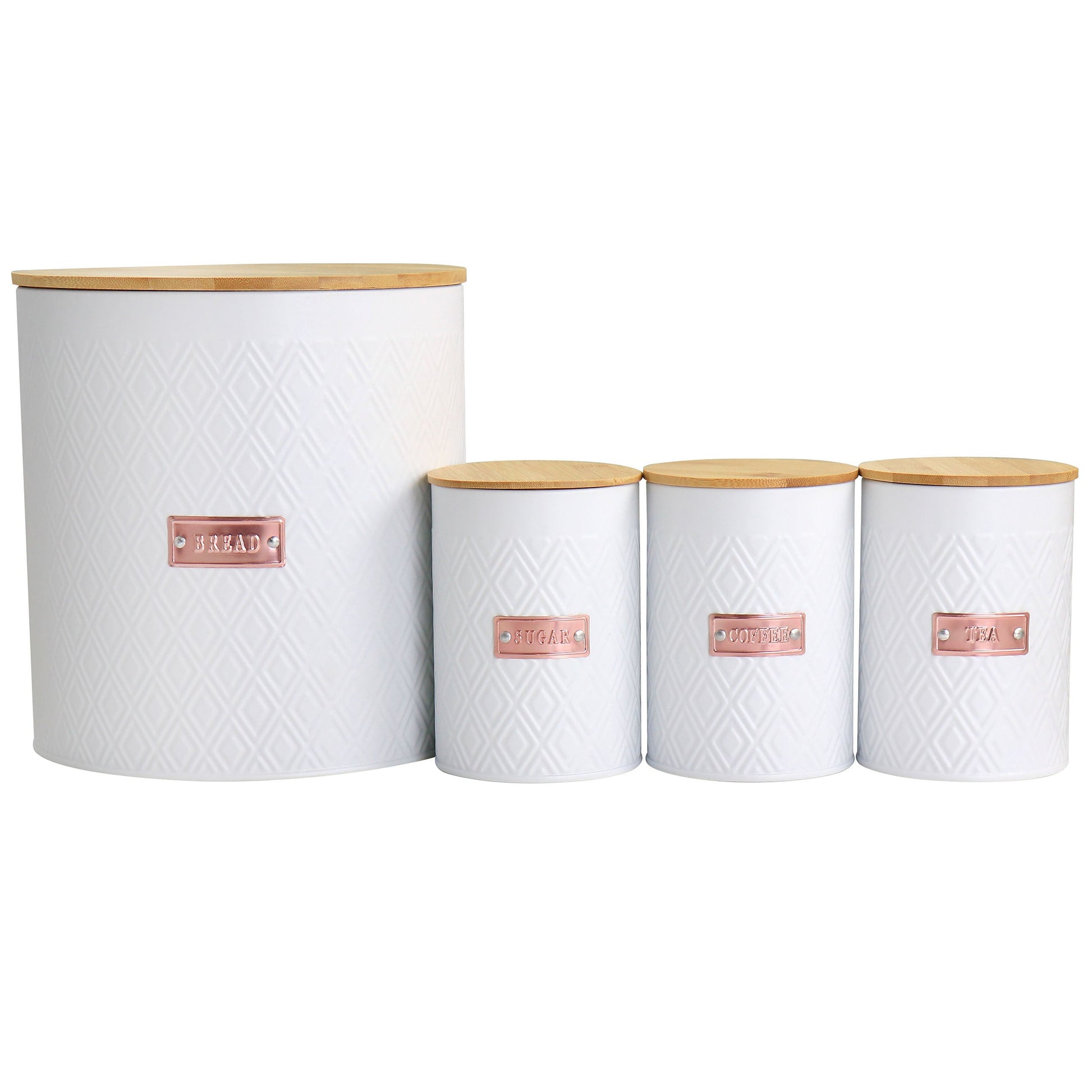MegaChef Kitchen Food Storage and Organization 4 Piece Argyle Canister Set in White with Bamboo Lids W2B