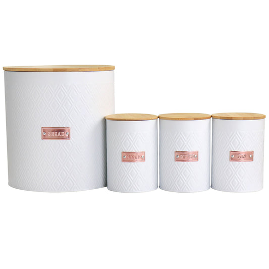 MegaChef Kitchen Food Storage and Organization 4 Piece Argyle Canister Set in White with Bamboo Lids W2B
