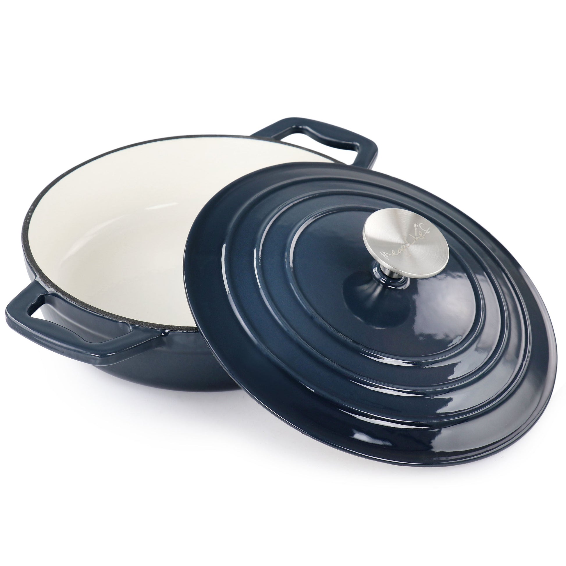 MegaChef 2 Quart Round Enameled Cast Iron Braiser Pan in Dark Blue W2B