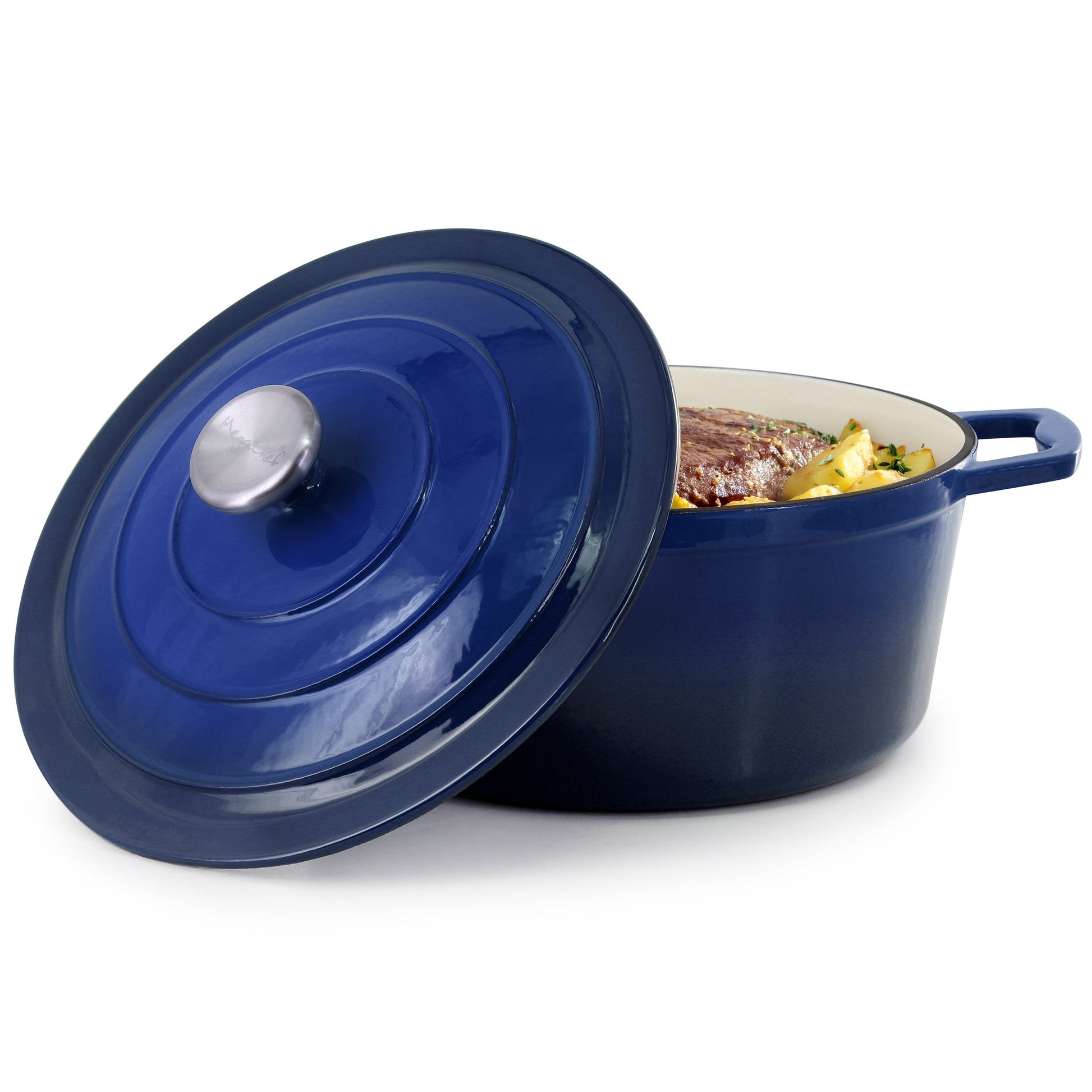 MegaChef 5 Quarts Round Enameled Cast Iron Casserole with Lid in Gradient Dark Blue W2B