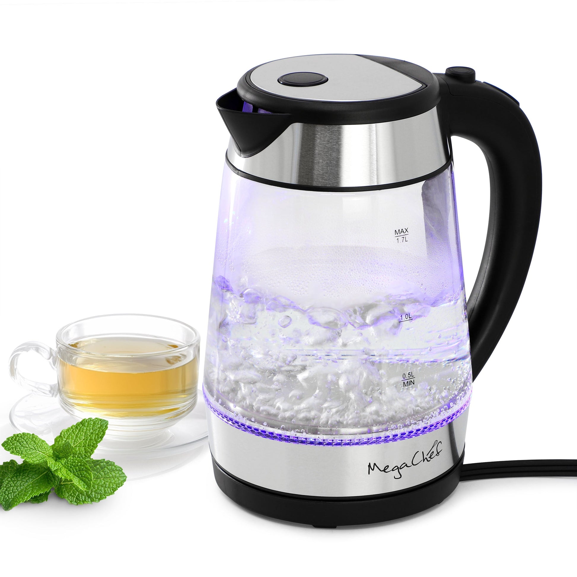 MegaChef 1.8 Quart Glass and Stainless Steel Electric Tea Kettle in Silver W2B
