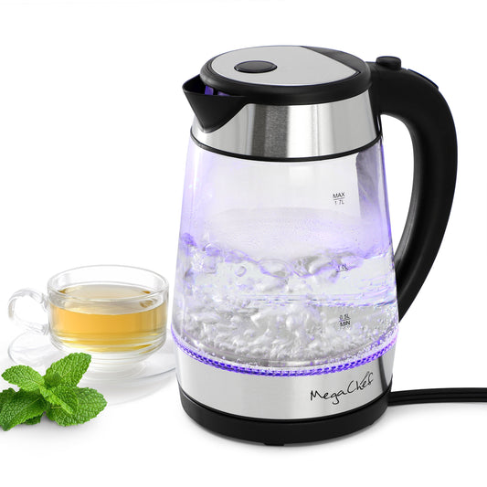 MegaChef 1.8 Quart Glass and Stainless Steel Electric Tea Kettle in Silver W2B