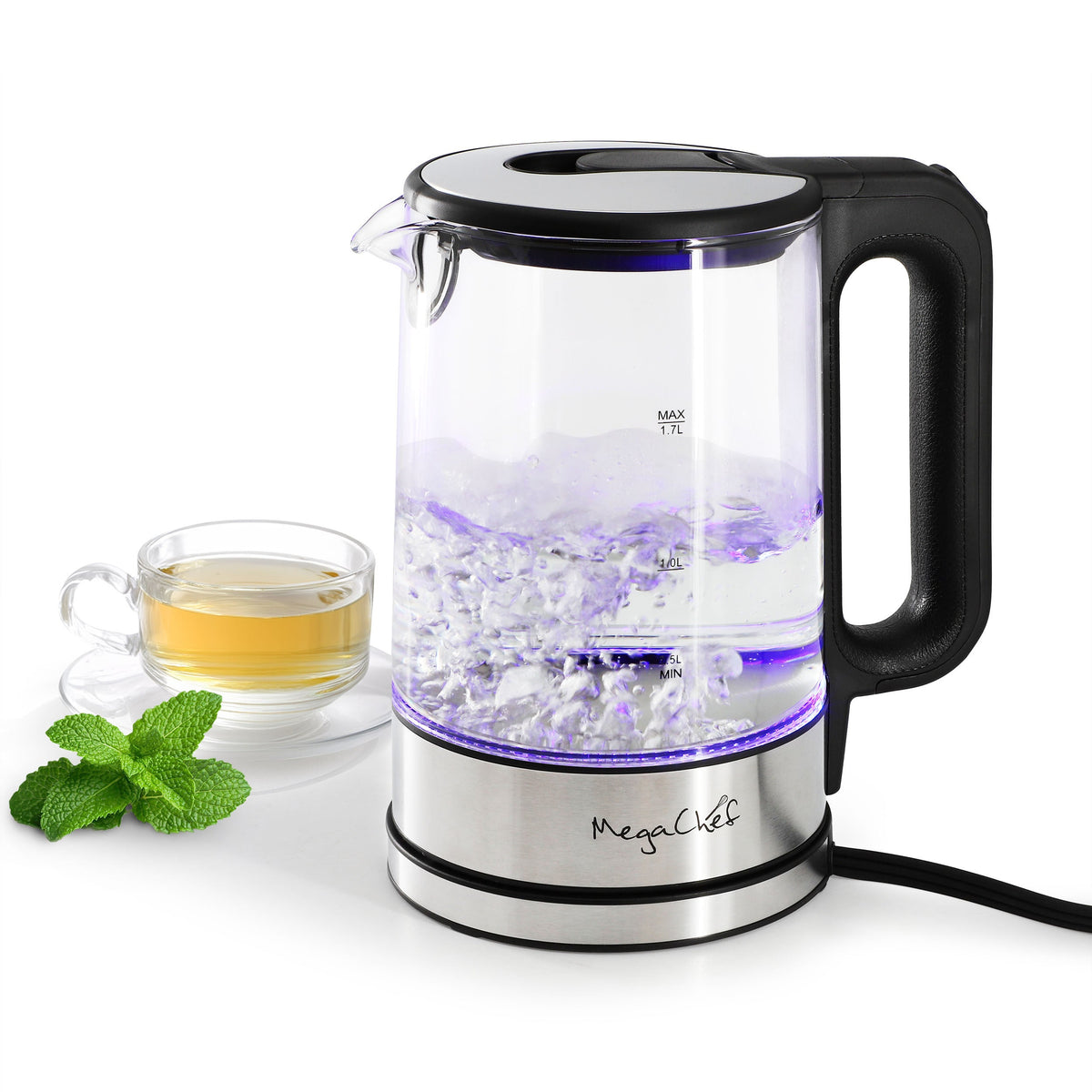 MegaChef 1.8 Quart Glass and Stainless Steel Electric Tea Kettle W2B