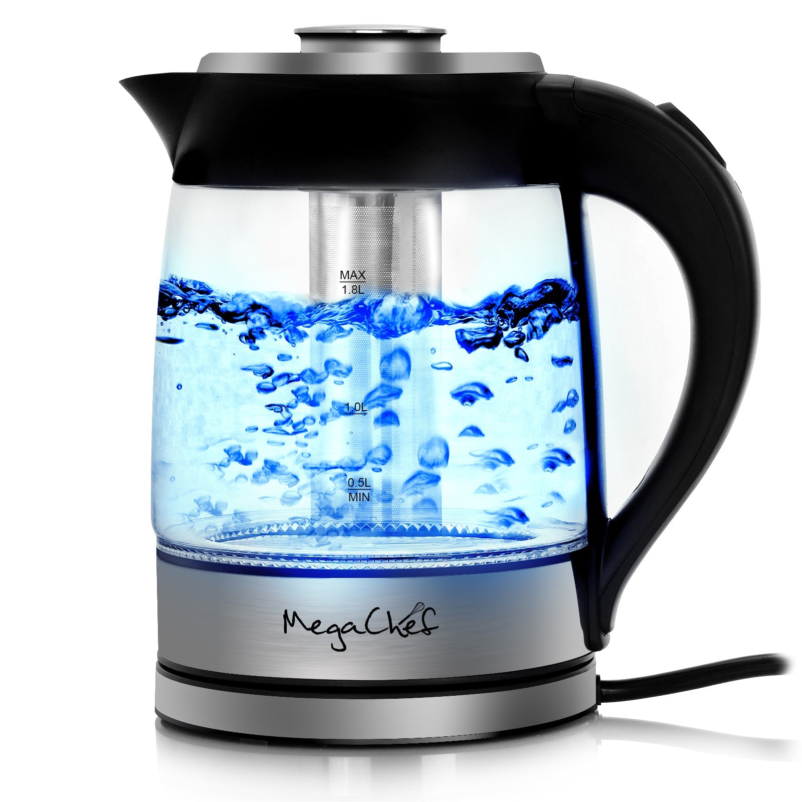 MegaChef 1.9 Quart Cordless Glass and Stainless Steel Electric Tea Kettle with Tea Infuser W2B
