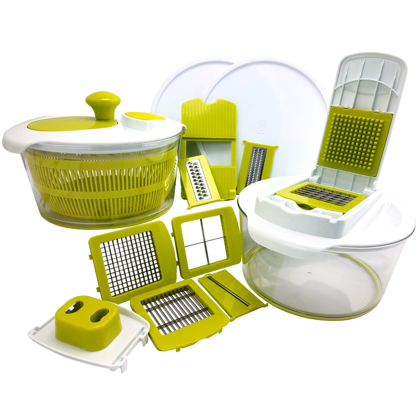 MegaChef 10-in-1 Multi-Use Salad Spinning Slicer, Dicer and Chopper with Interchangeable Blades and Storage Lids W2B