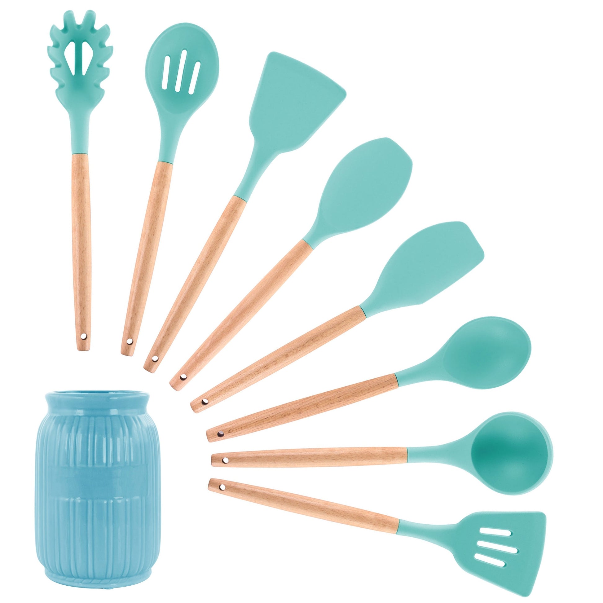 MegaChef Light Teal Silicone and Wood Cooking Utensils, Set of 9 W2B