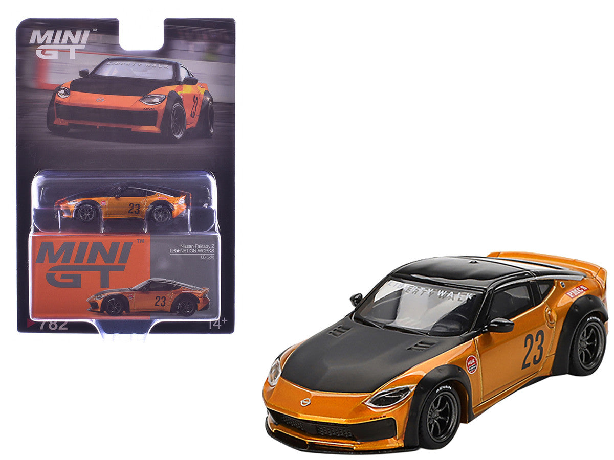 Nissan Fairlady Z #23 "LB-NATION WORKS" LB Gold Metallic with Matt Black Hood and Black Top Limited Edition 1/64 Diecast Model Car by Mini GT Mini GT