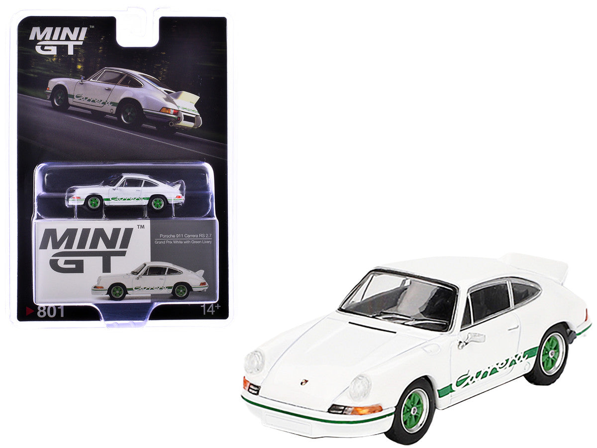 Porsche 911 Carrera RS 2.7 Grand Prix White with Green Stripes and Wheels Limited Edition 1/64 Diecast Model Car by Mini GT-3