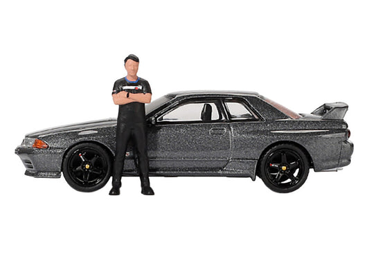 Nissan Skyline GT-R (R32) RHD (Right Hand Drive) Gunmetal Gray Metallic with Tsugio Matsuda Figure Limited Edition 1/64 Diecast Model Car by Mini GT-1