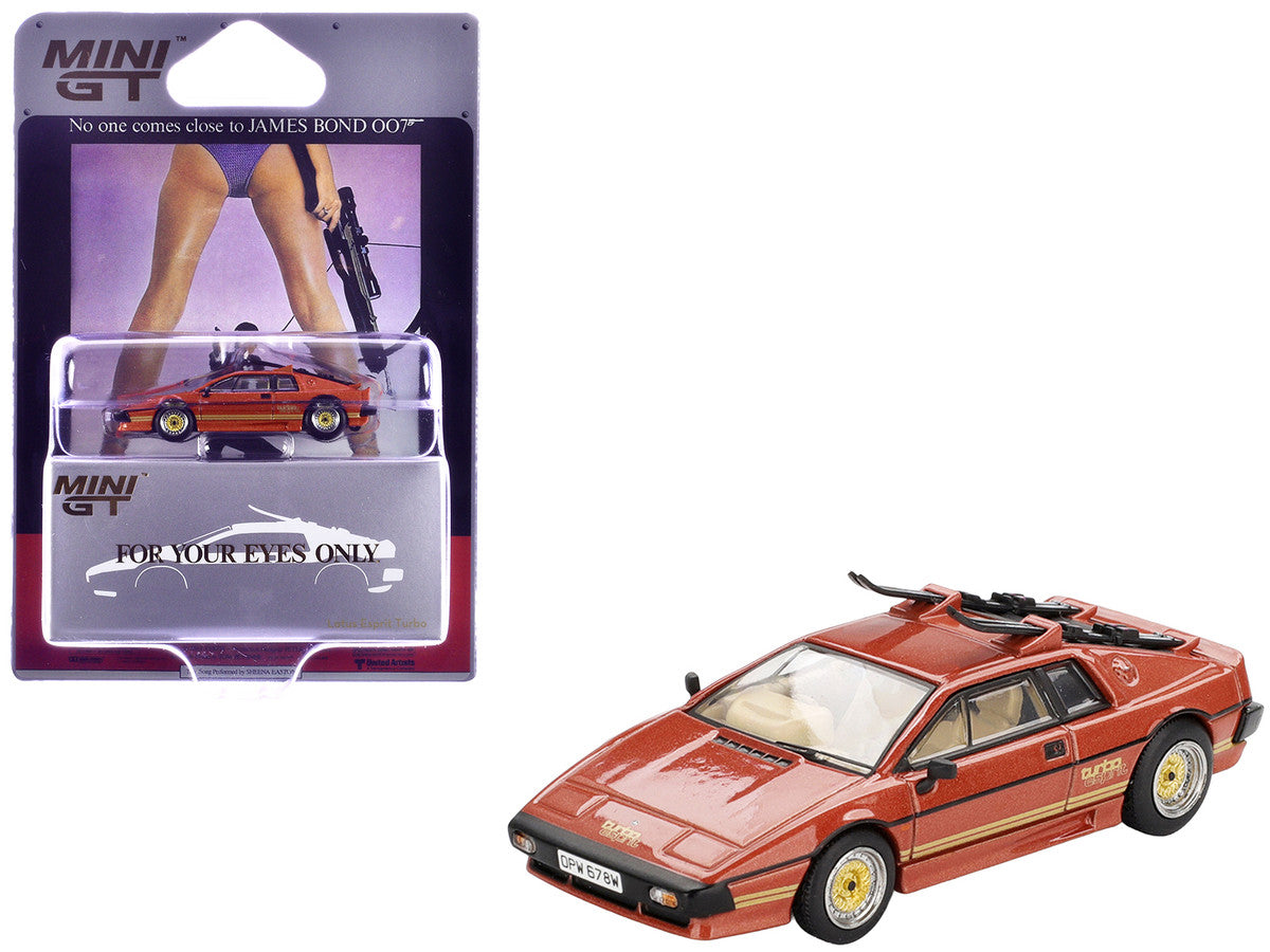Lotus Esprit Turbo RHD (Right Hand Drive) Copper Fire Metallic with Skiis 007 James Bond "For Your Eyes Only" (1981) Movie Limited Edition 1/64 Diecast Model Car by Mini GT-2