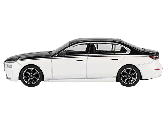 BMW i7 xDrive60 Dravit Alpine White and Black Sapphire Limited Edition 1/64 Diecast Model Car by Mini GT-0