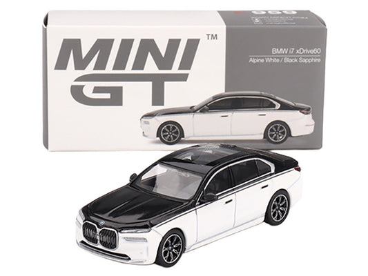 BMW i7 xDrive60 Dravit Alpine White and Black Sapphire Limited Edition 1/64 Diecast Model Car by Mini GT-1