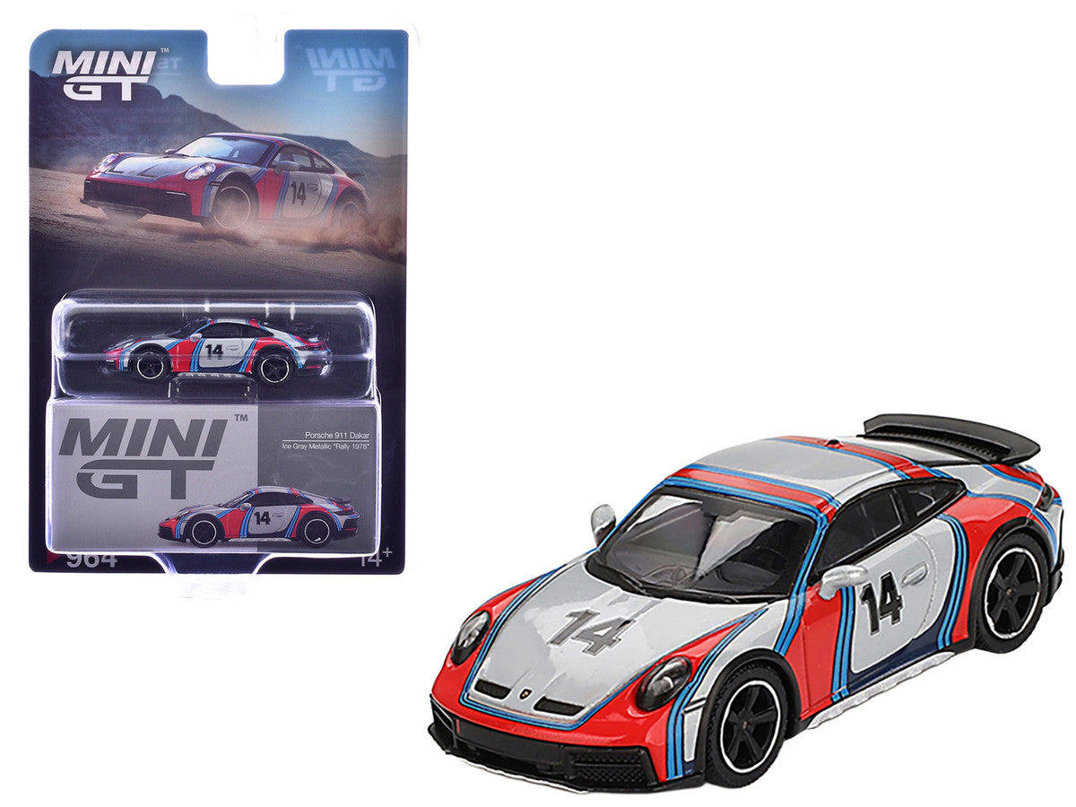 Porsche 911 Dakar #14 "Rally 1978" Ice Gray Metallic Limited Edition 1/64 Diecast Model Car by Mini GT Mini GT