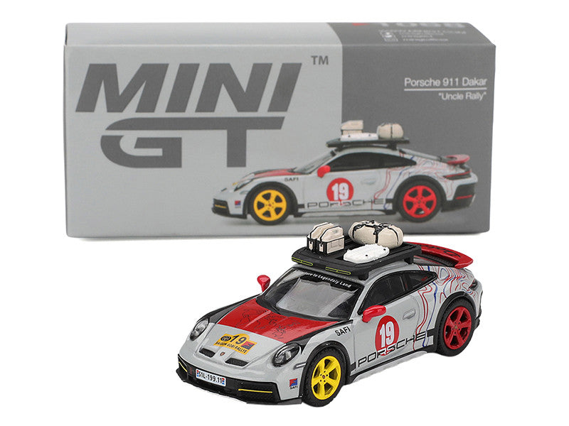 Porsche 911 Dakar #19 "Uncle Rally" Gray with Graphics and Roof Rack Limited Edition 1/64 Diecast Model Car by Mini GT Mini GT