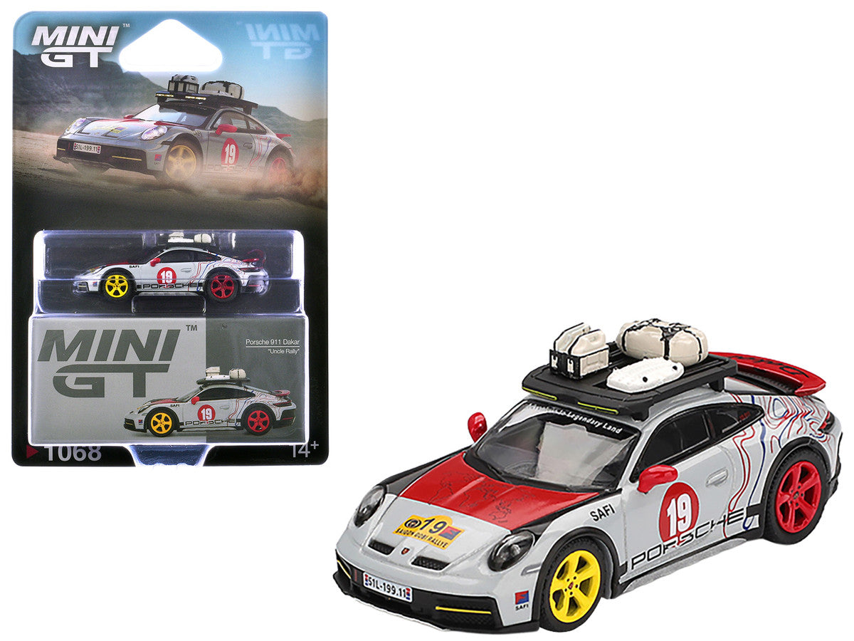 Porsche 911 Dakar #19 "Uncle Rally" Gray with Graphics and Roof Rack Limited Edition 1/64 Diecast Model Car by Mini GT Mini GT