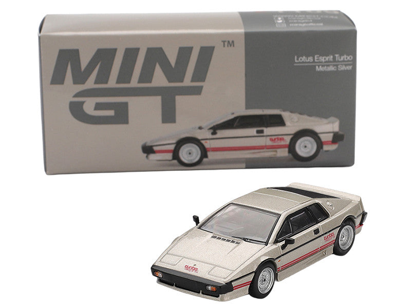 Lotus Esprit Turbo Silver Metallic with Red Stripes Limited Edition 1/64 Diecast Model Car by Mini GT Mini GT