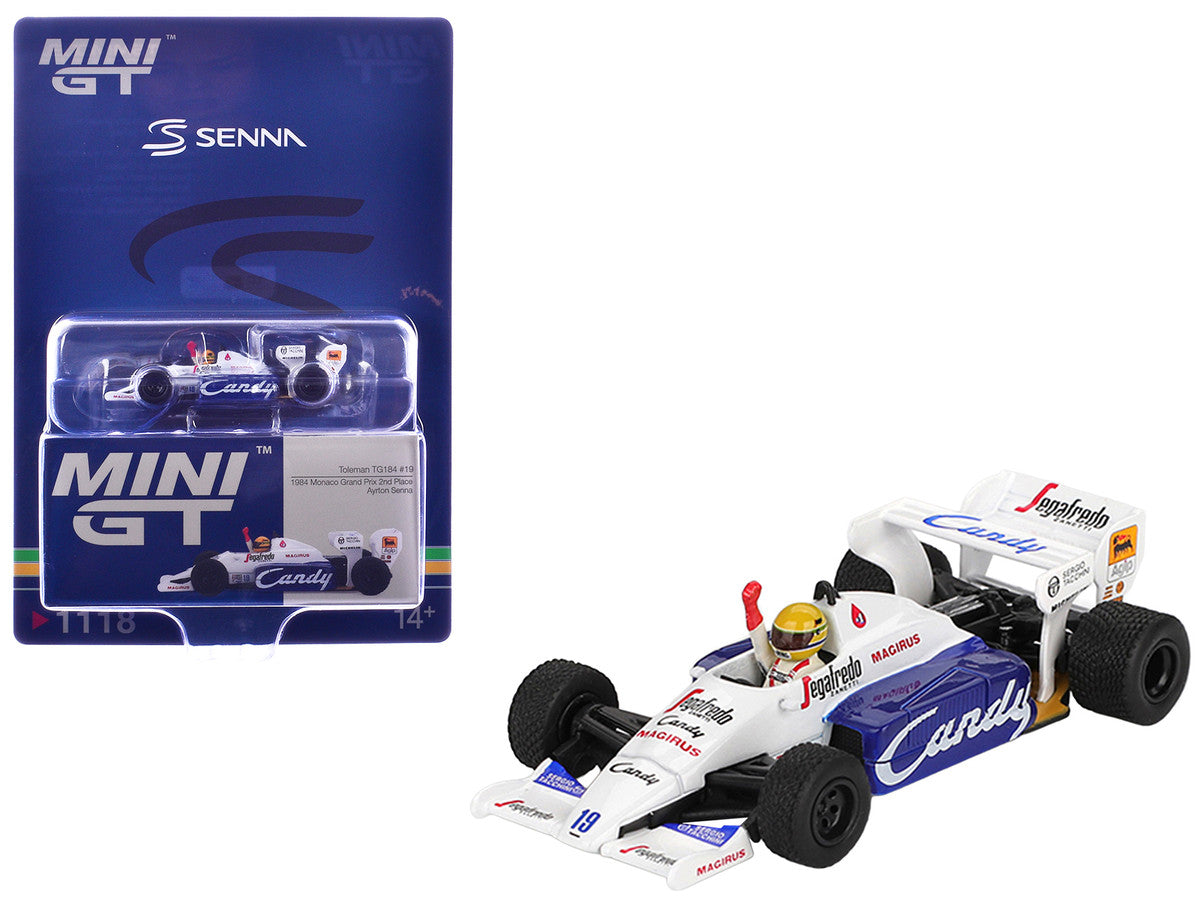 Toleman TG184 #19 Ayrton Senna 2nd Place Formula One F1 "Monaco GP" (1984) with Driver Figure Limited Edition 1/64 Diecast Model Car by Mini GT Mini GT