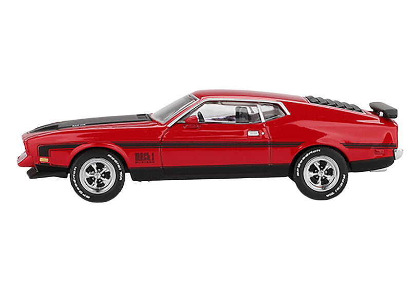 1971 Ford Mustang Mach 1 Race Red with Black Hood and Stripes Limited Edition 1/64 Diecast Model Car by Mini GT-0