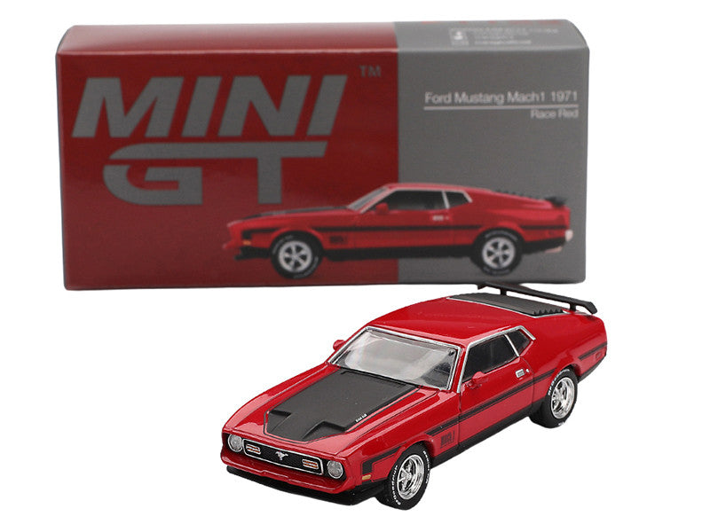1971 Ford Mustang Mach 1 Race Red with Black Hood and Stripes Limited Edition 1/64 Diecast Model Car by Mini GT-2