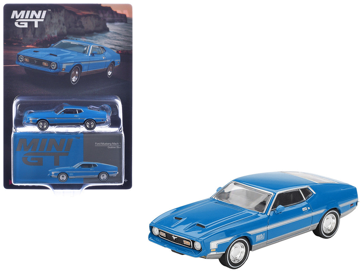Ford Mustang Mach 1 Grabber Blue with Silver Stripes Limited Edition 1/64 Diecast Model Car by Mini GT-3