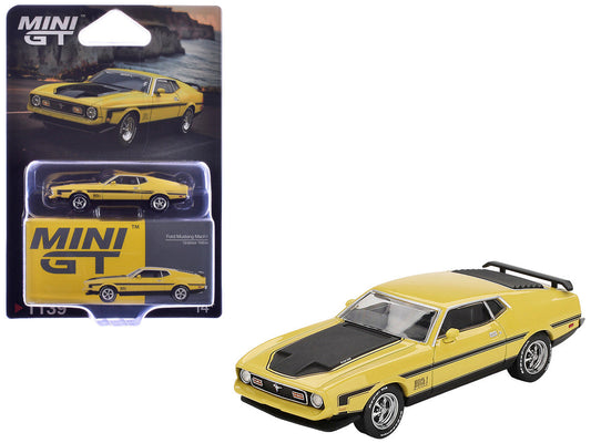 Ford Mustang Mach 1 Grabber Yellow with Black Hood and Stripes Limited Edition 1/64 Diecast Model Car by Mini GT Mini GT