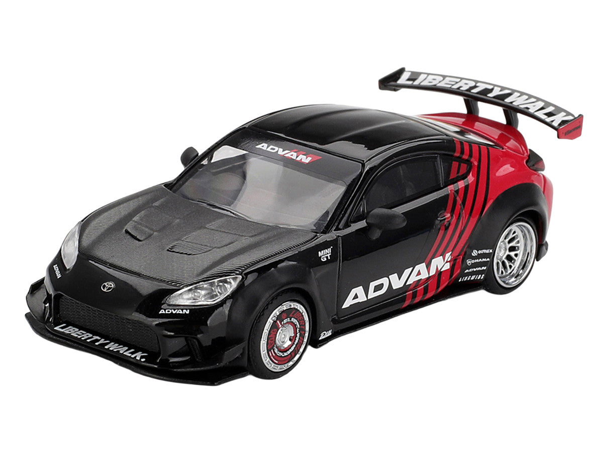 Toyota GR86 "LB-Nation - Liberty Walk" RHD (Right Hand Drive) "ADVAN" Black and Red with Carbon Hood Limited Edition 1/64 Die Cast Model Car by Mini GT Mini GT