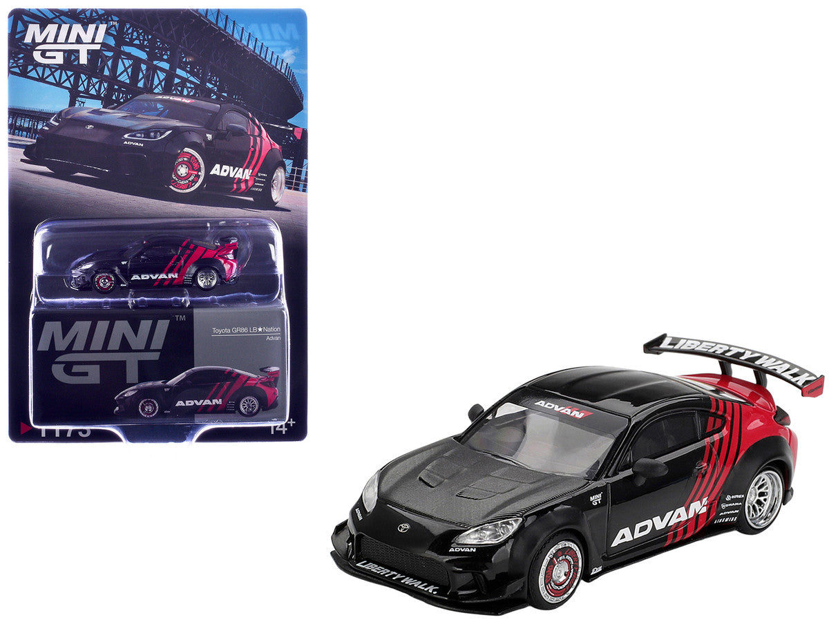 Toyota GR86 "LB-Nation - Liberty Walk" RHD (Right Hand Drive) "ADVAN" Black and Red with Carbon Hood Limited Edition 1/64 Die Cast Model Car by Mini GT Mini GT