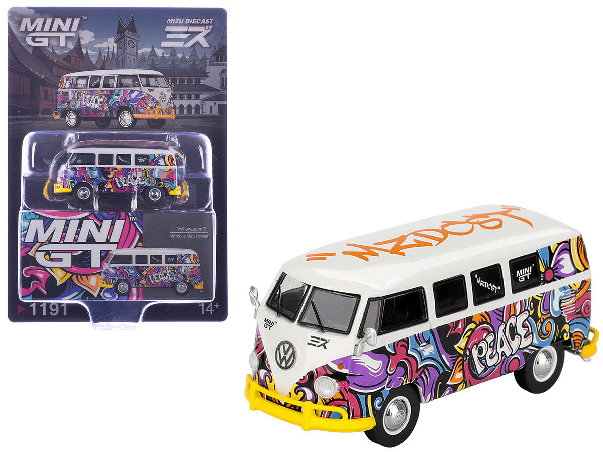 Volkswagen T1 Microbus "Mizu Design" White with Graffiti Graphics Limited Edition 1/64 Diecast Model Car by Mini GT Mini GT