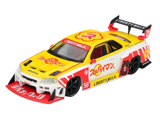 Nissan LB-ER34 Super Silhouette Skyline RHD (Right Hand Drive) #58 "Suppaiman Okinawa" Yellow and White with Graphics Limited Edition 1/64 Diecast Model Car by Mini GT Mini GT